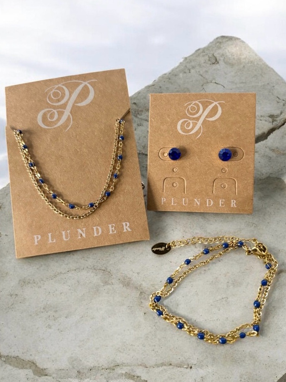 Plunder Gold Double Chain Necklace, Bracelet/Anklet & Blue Stud Earrings Set